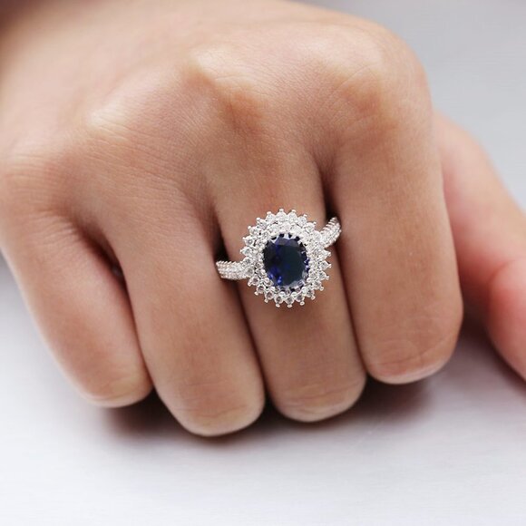Elegant Blue 925 Silver Plated Oval Sun Flower Royal Ring for Women, V… - Picture 6 of 8
